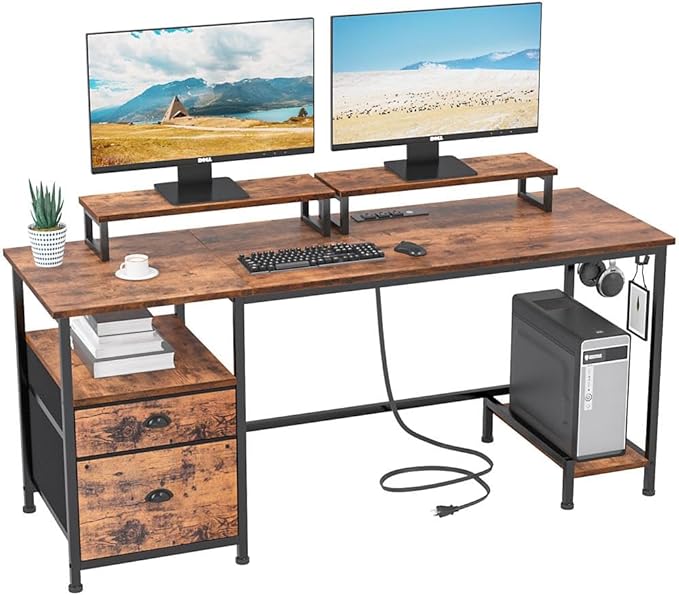 Computer Desk with Drawer and Power Outlets, 47" Office Desk with 2 Monitor Stands and Fabric File Cabinet, Writing Gaming Table with Shelves and 2 Hooks for Home Office, Rustic Brown