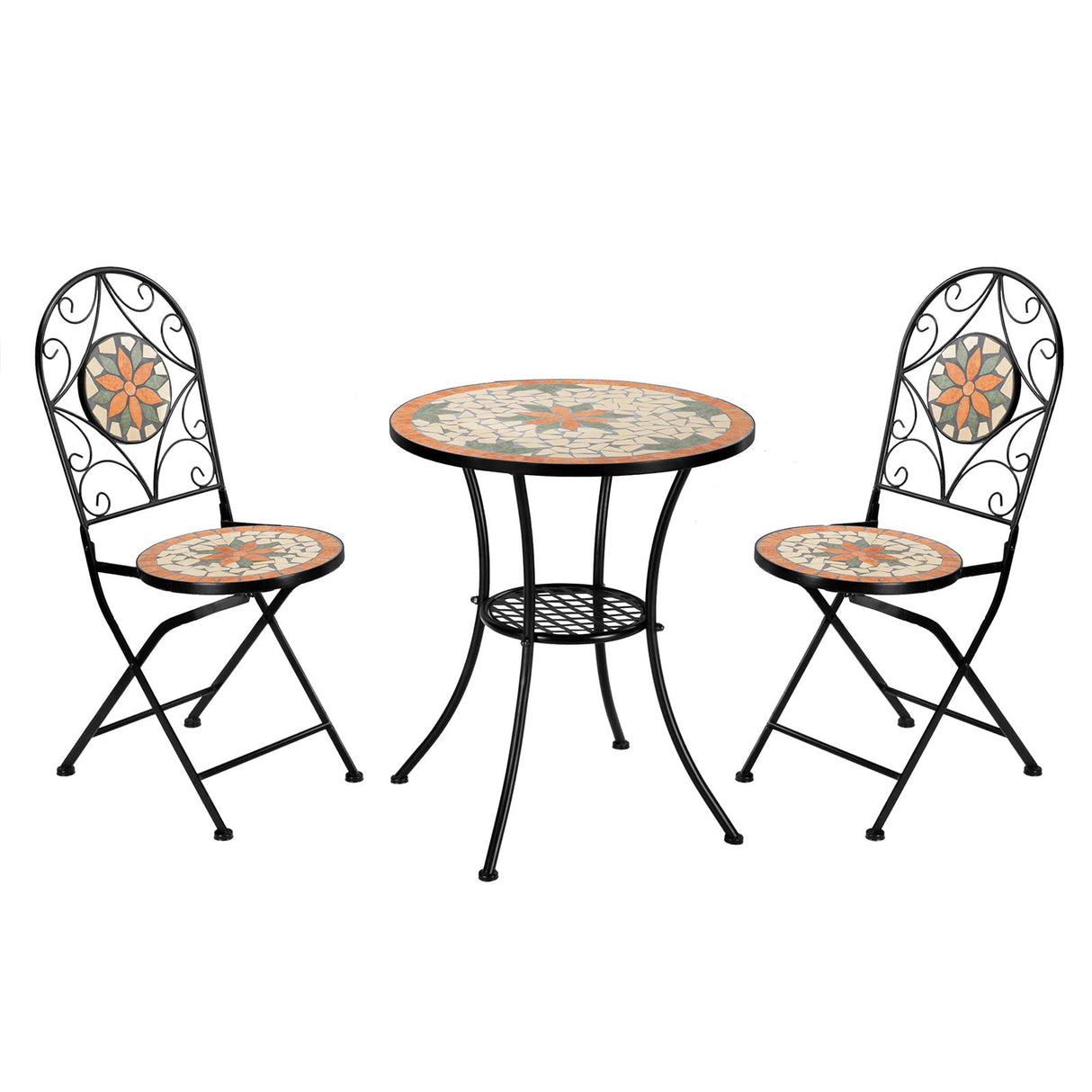 3 Pieces Garden Patio Mosaic Table, Outdoor Bistro Set with Folding Chairs