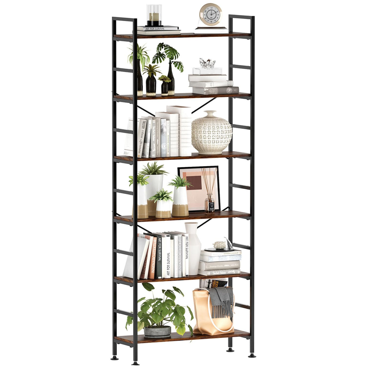 6-Tier Adjustable Tall Bookcase, Rustic Wood and Metal Standing Bookshelf, Industrial Vintage Book Shelf Unit, Open Back Modern Office Bookcases