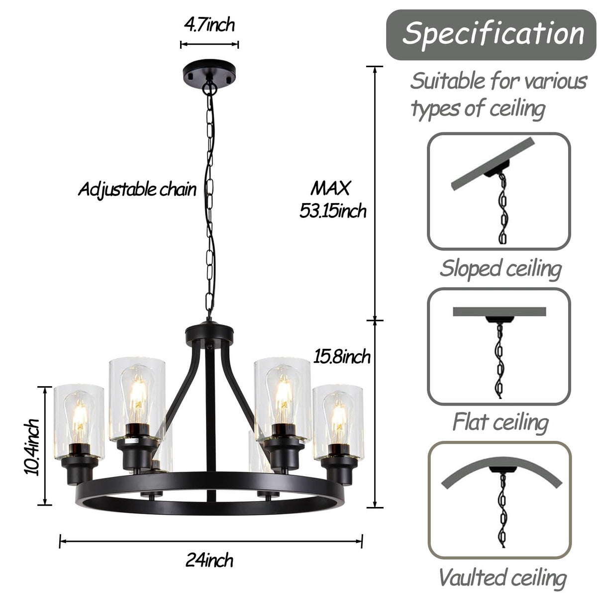 LOFTPLUS Farmhouse Chandelier 6-Light Black Dining Room Light Fixture with Glass Shade Ceiling Hanging Wagon Wheel Chandeliers for Living Room Kitchen Island Entryway Foyer