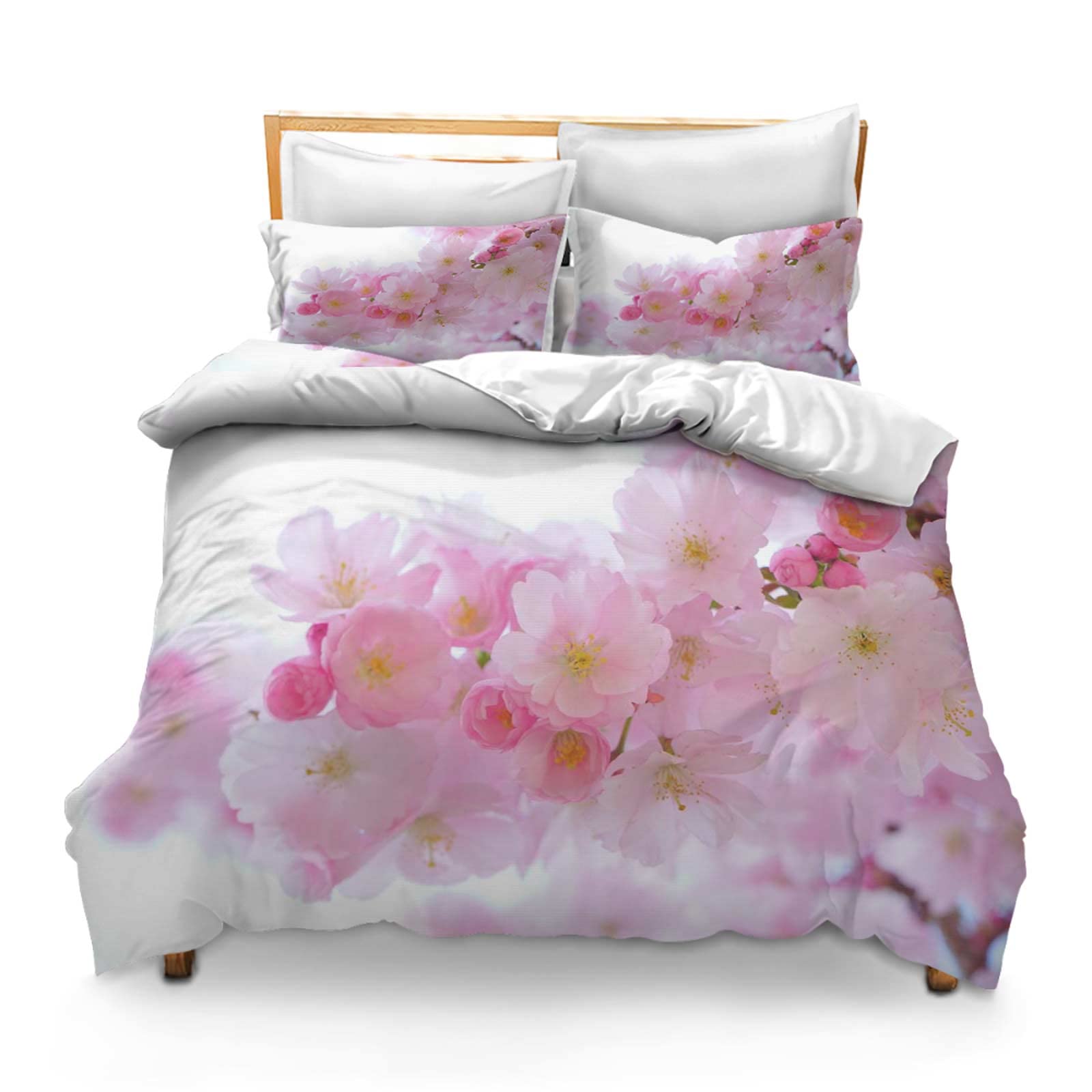 Printed Comforter Cover Set Twin Size Pink Cherry Blossom Flowers Branch Pink Flowers