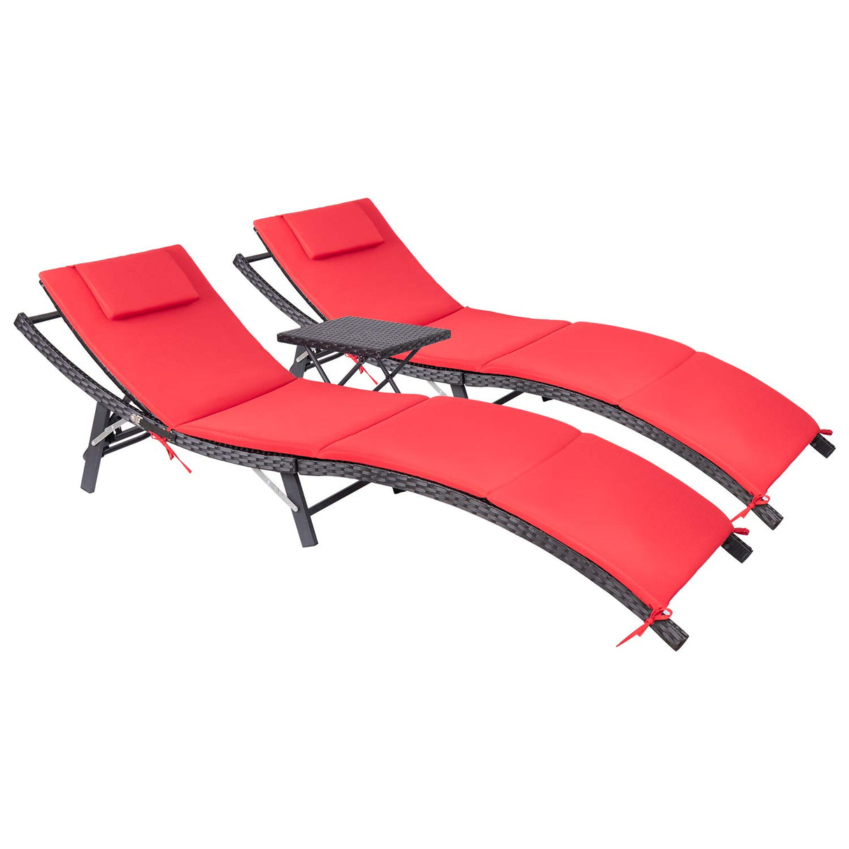 Furniture 3 Pieces Cushioned Rattan Chaise Lounge Sets (Red, Outdoor, Adjustable Back