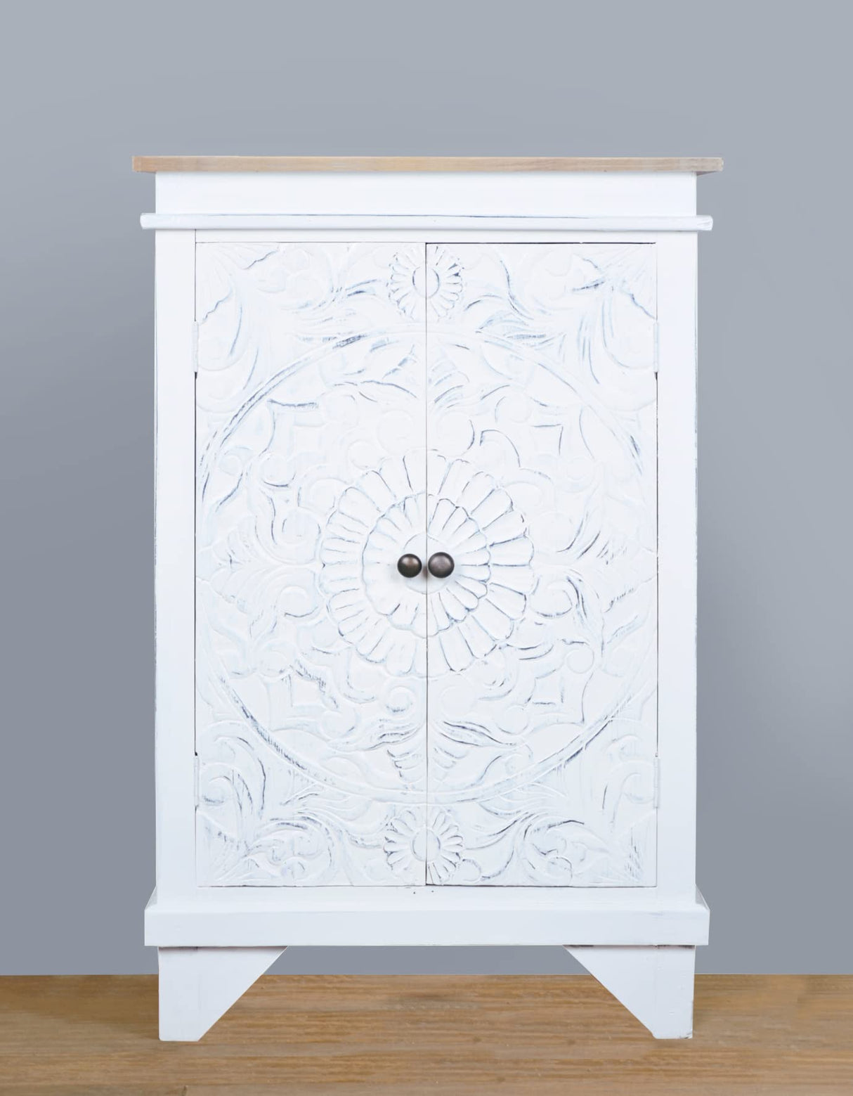 Solid Wood Carved Accent Distressed White
