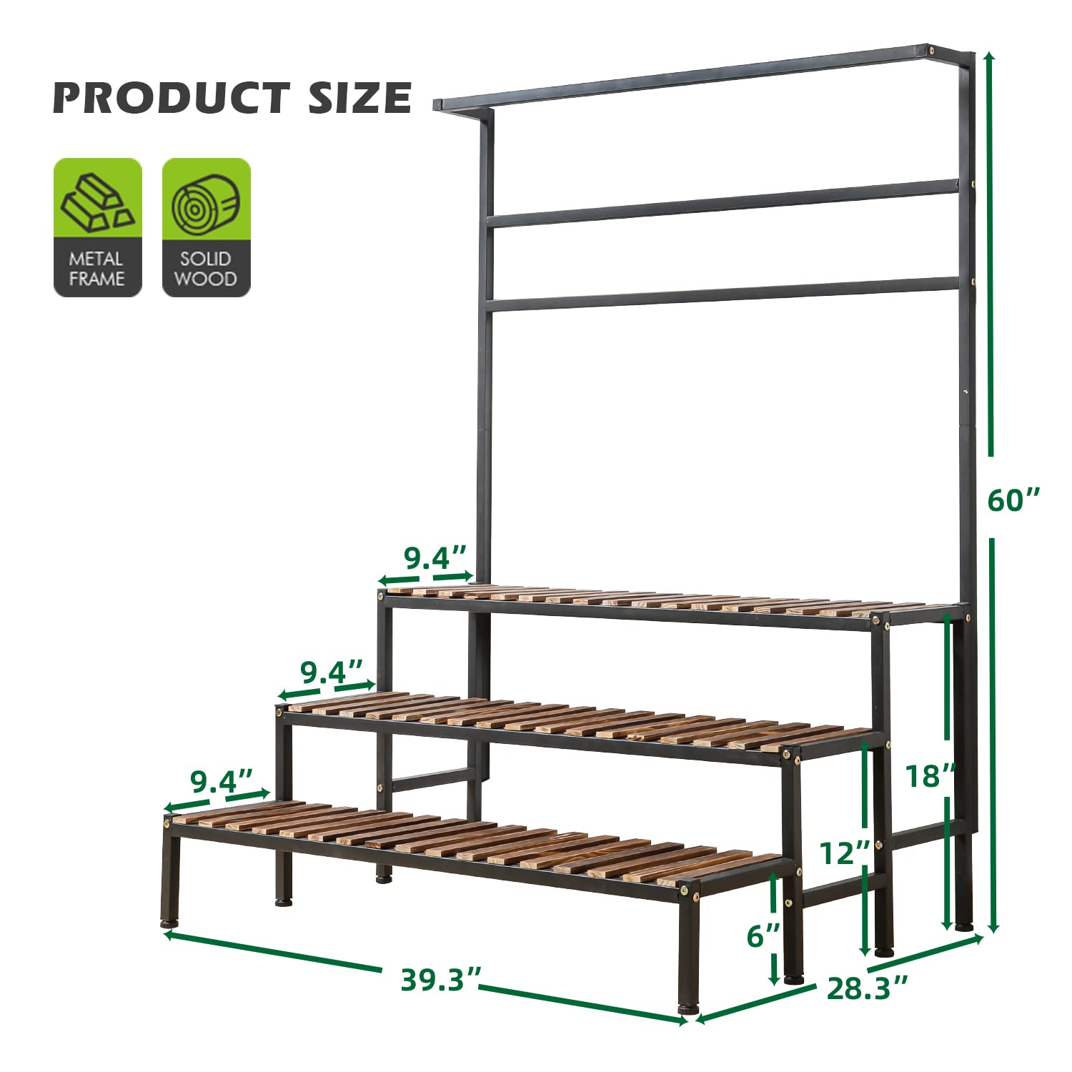 NANKINGFANGAO 3 Tier Hanging Plant Stand Ladder Plant Shelf, Tall Plant Stand Outdoor Indoor Steel-Wood Plant Shelves Metal Frame, Suitable for Terrace Garden Corner Balcony, Living Room Storage