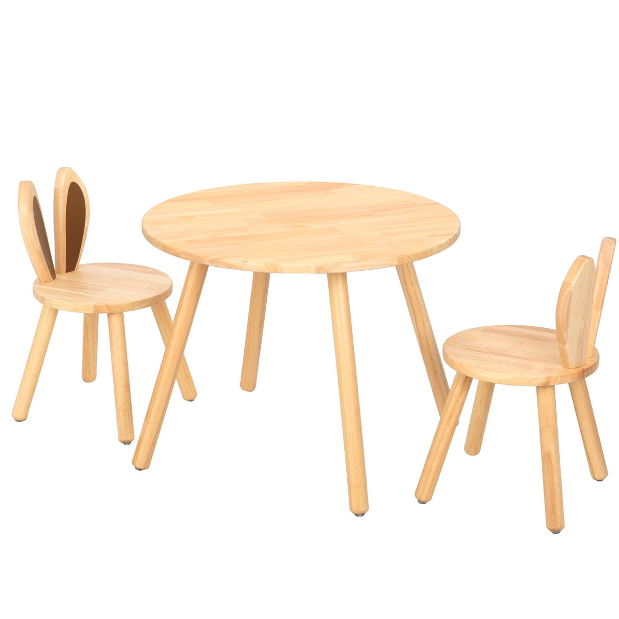 Rubberwood Kids Table and Chair Set, Natural Wood, Easy to Clean, Toddler Table with 2 Rabbir Chairs for Bedroom