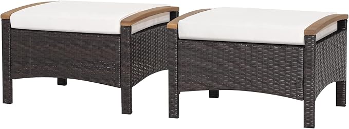 Outdoor Wicker Ottomans for Patio - 2 Pieces PE Rattan Ottoman