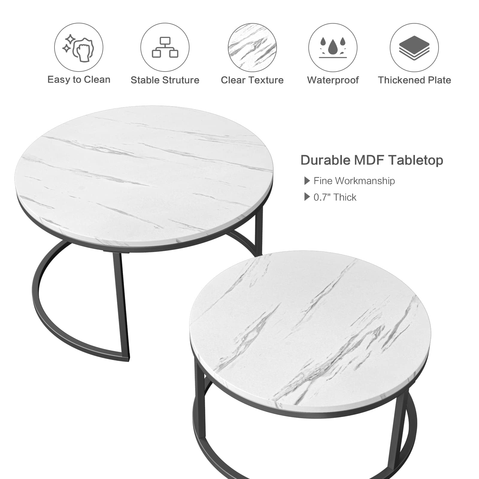 Round Nesting Coffee Table, Set of 2 Modern Coffee Table with Faux Marble Top