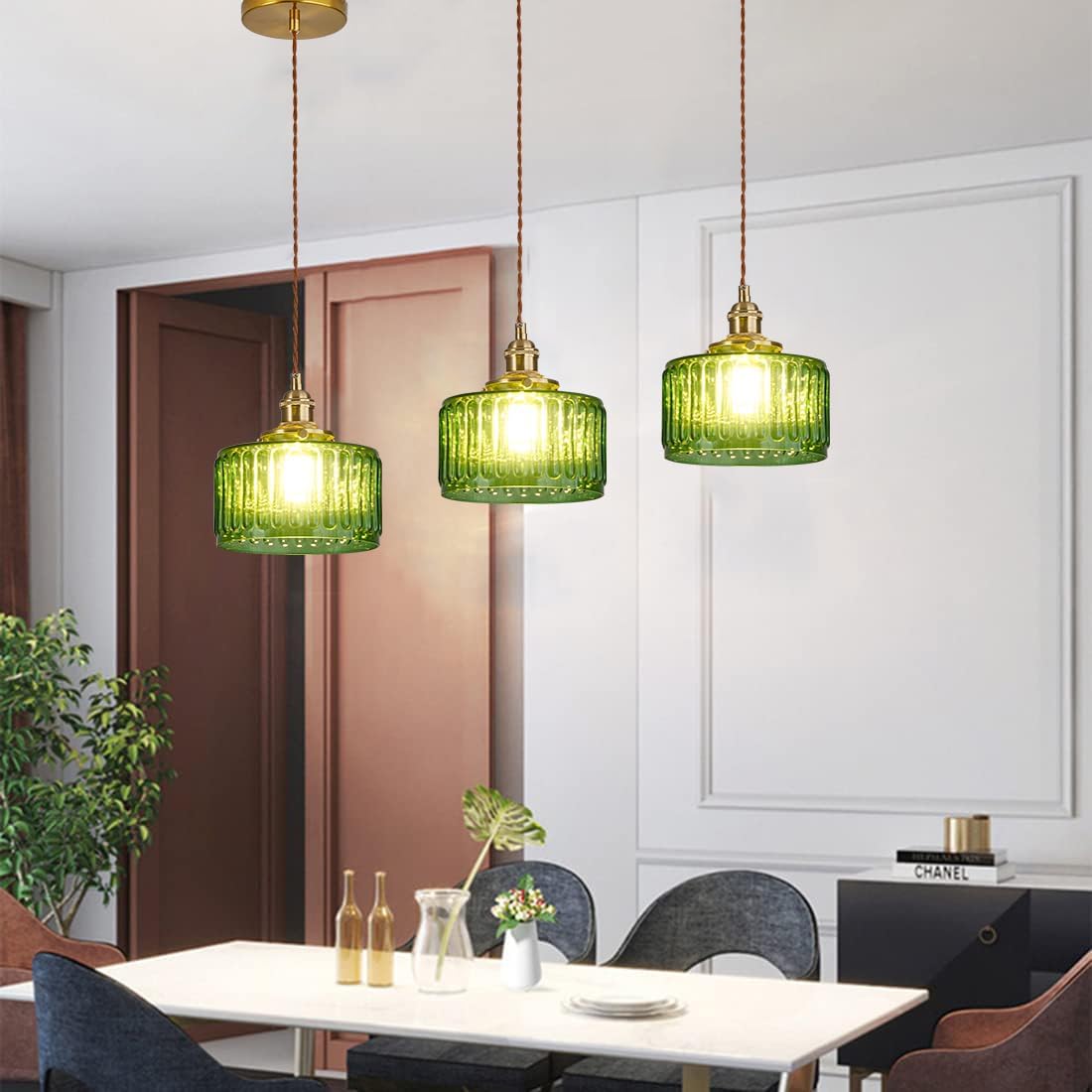 Green Pendant Light Fixtures Striped Glass One-Light Mid Century Ceiling Hanging Light S