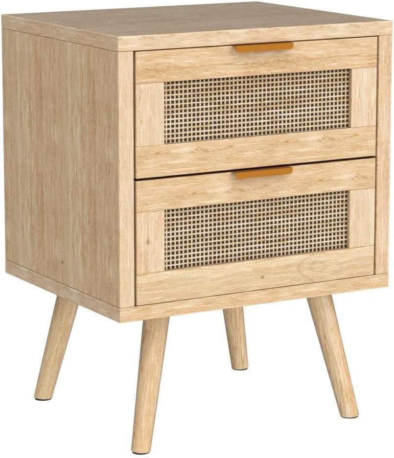 Set of 2 Nightstands Wooden Night Stands with Rattan Drawers Home Bedside End Table