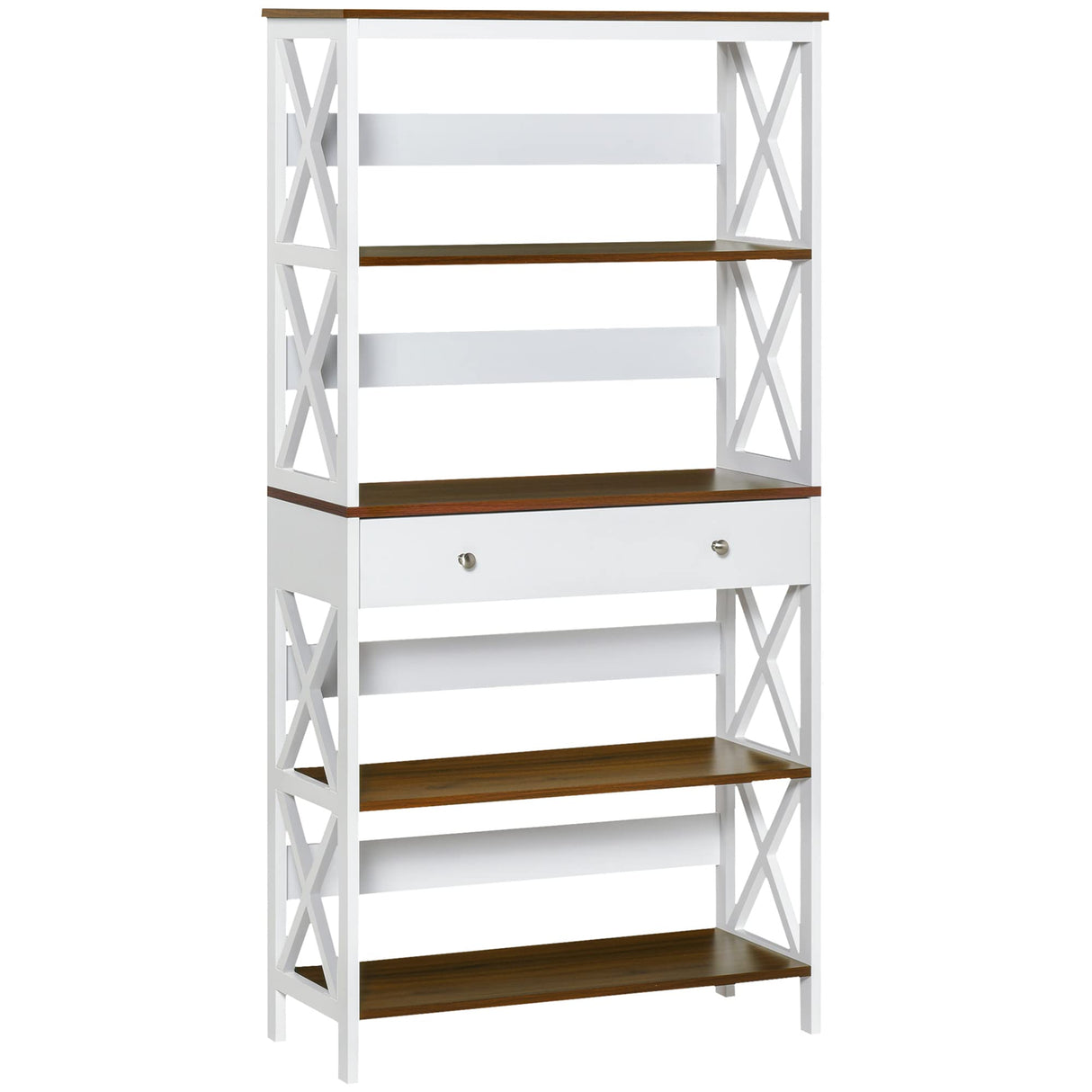 4-Tier Shelving Bookcase Storage Cupboard with Pull Out Drawer, and Wooden Frame with X Bar Stability, White