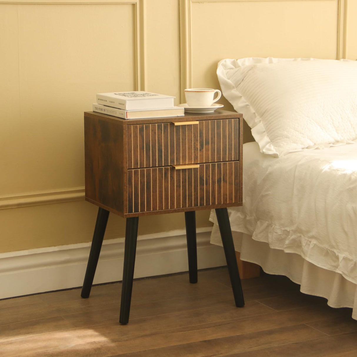 Mid Century Nightstand, Modern Bedside Table with 2 Drawers, Small End Side Table for Small Space