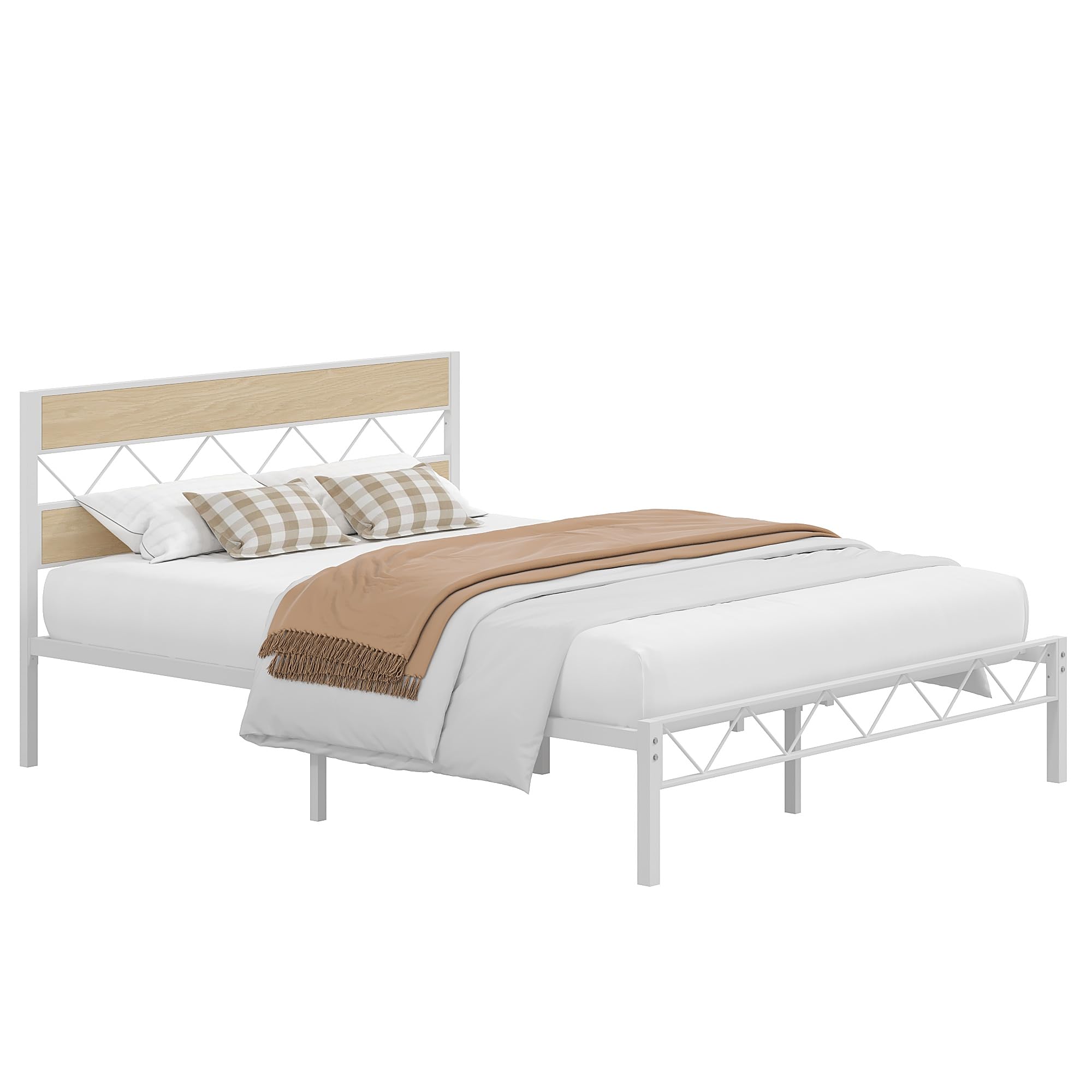 VECELO Queen Metal Platform Bed Frame with Rustic Vintage Wooden Headboard, Heavy Duty Metal Slats Support, Platform Mattress Base No Box Spring Needed, No Noise, Easy Assembly,Maple Wood