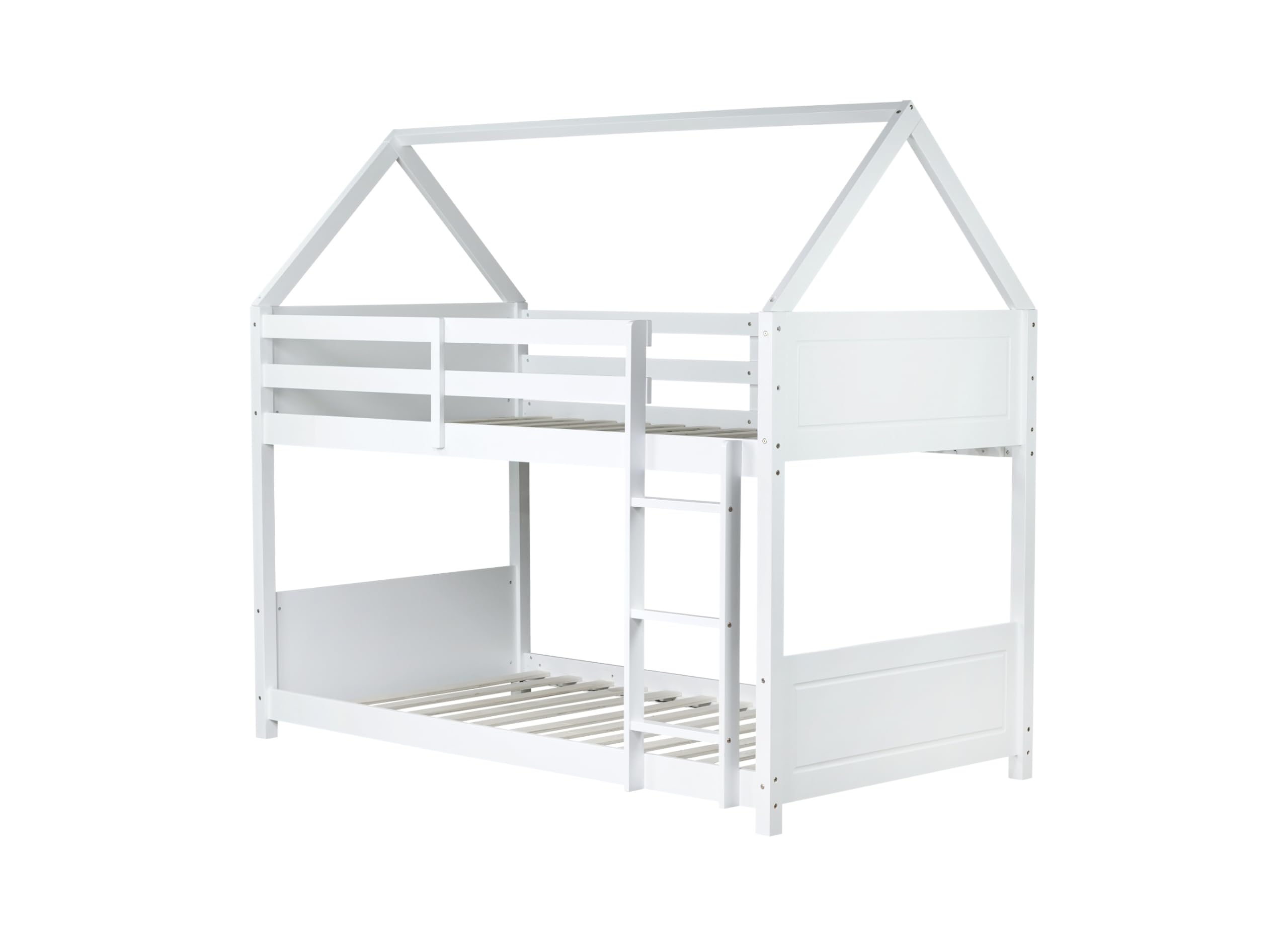Twin Over Twin House Floor Bunk Bed, Wooden Bunk Bed with Headboards, Footboards, Guardrails and Ladder, Space-Saving Design, Safety Guaranteed, White