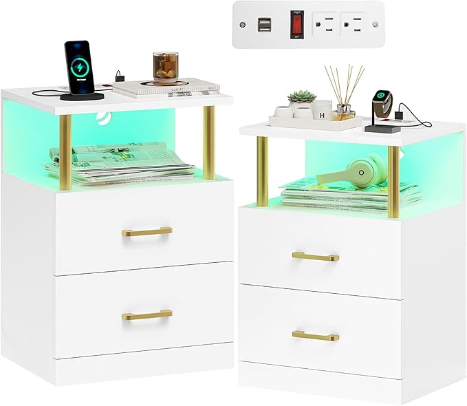 Night Stand with Charging Station and USB Ports, White Night Stand with 2 Drawers