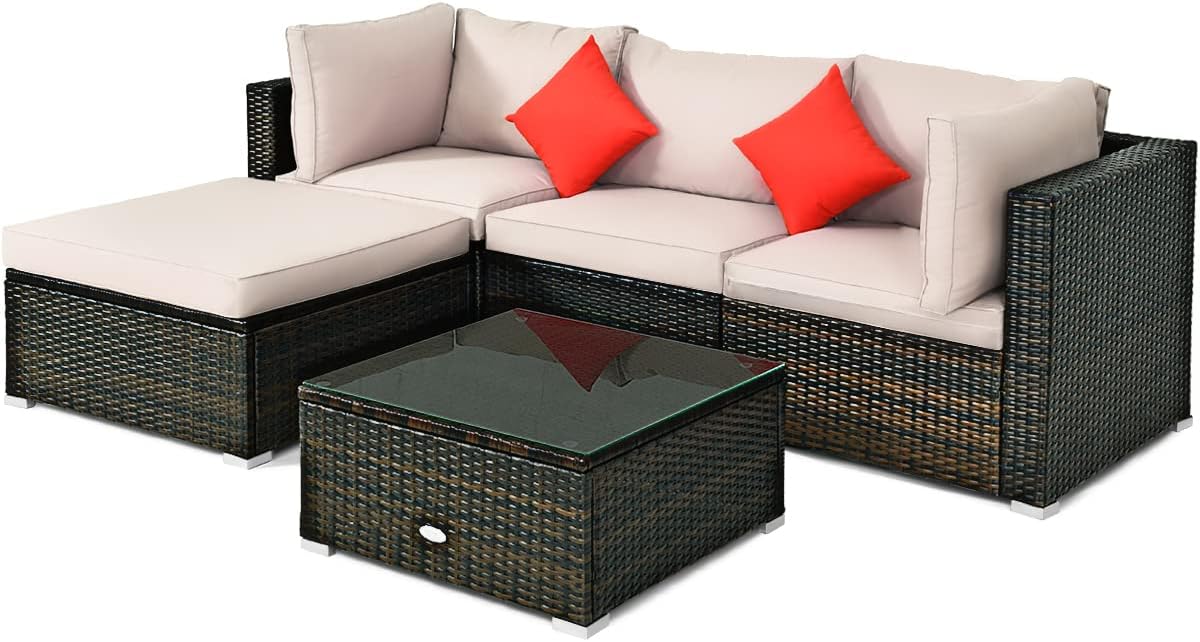 5-Piece Outdoor Patio Furniture Set, Glass Top Coffee Table and Lounge Sofa