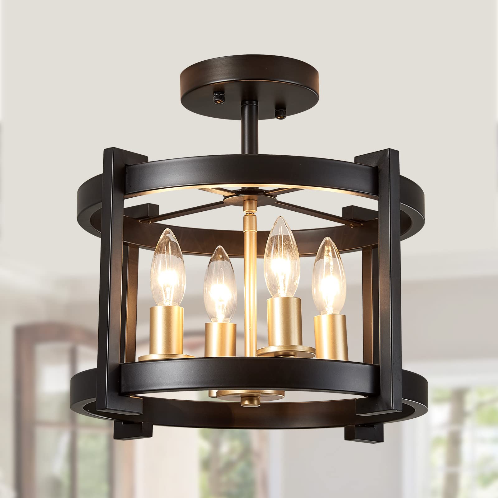 4-Light Semi Ceiling Light Flush Mount BK+GD Farmhouse Rustic Vintage