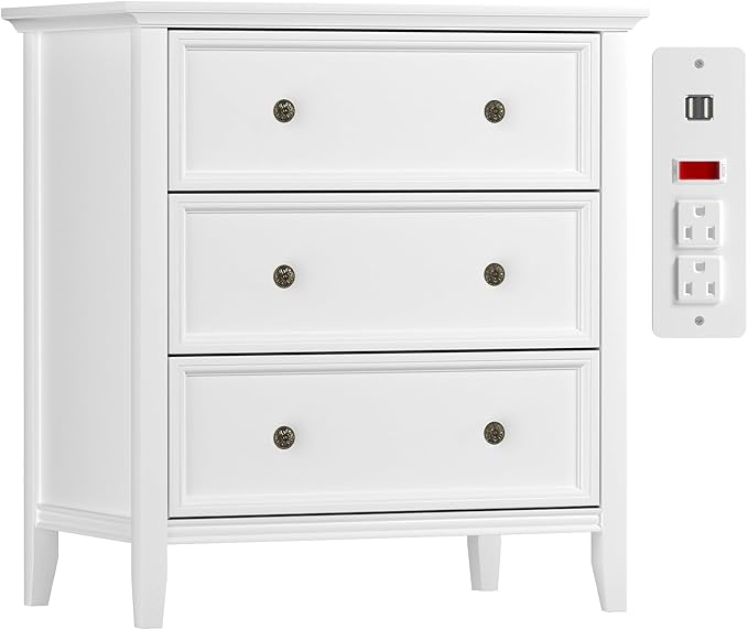 White Nightstand with 3 Drawers and Charging Station, Solid Wood Nightstand