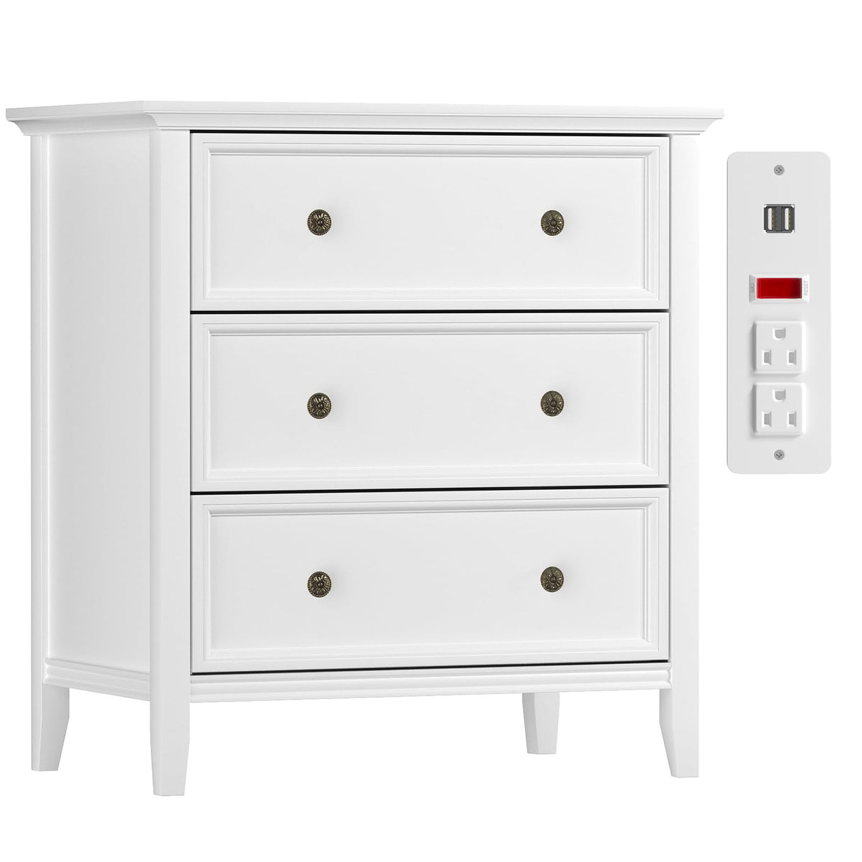 White Nightstand with 3 Drawers and Charging Station, Solid Wood Nightstand