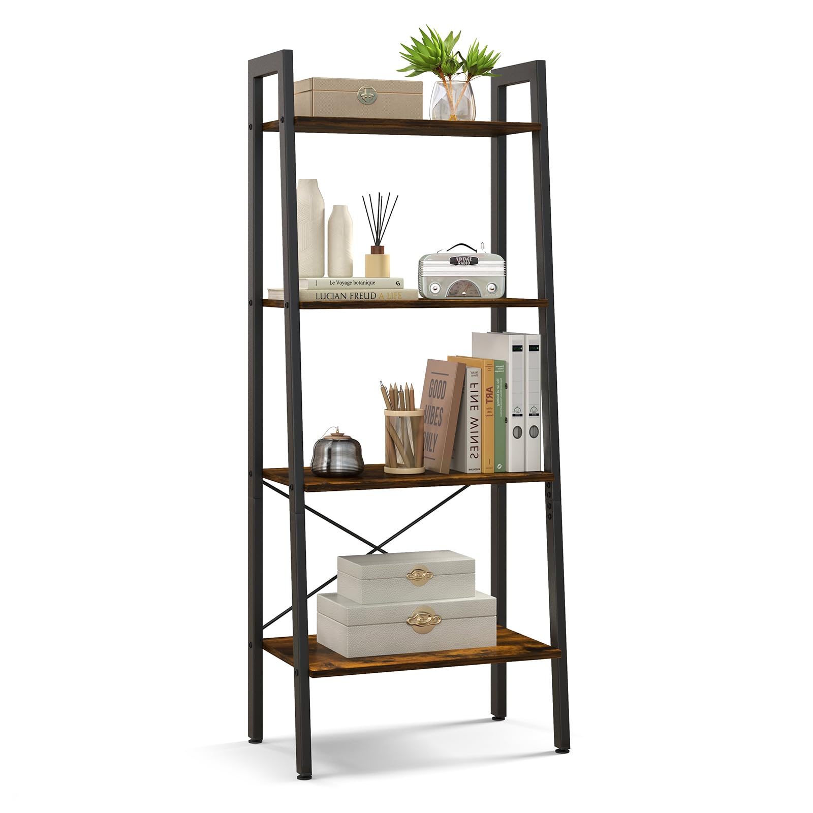 Ladder Bookshelf, 4-Tier Industrial Wood Bookcase w/Metal Frame, Anti-Toppling Device
