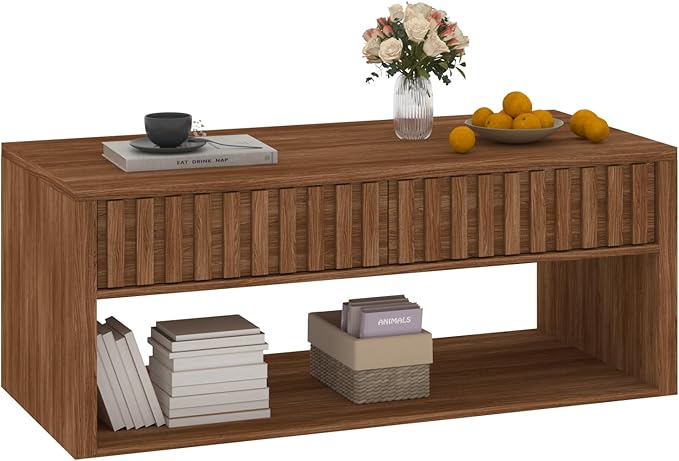 Natural Wood Coffee Table with Storage, 47.2" Coffee Table with 2 Fluted