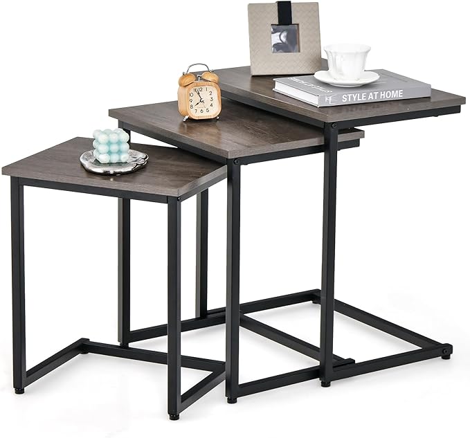 Nesting Table Set of 3, Rectangle Stacking Side End Table w/Wood Top & Metal Legs,