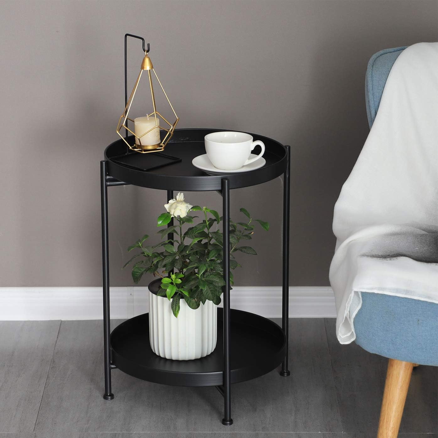 Tiita Round End Table Mental 2-Tier Side Table Nightstand/Small Iron Tables Accent Coffee Table for Living Room Bedroom Office Small Space