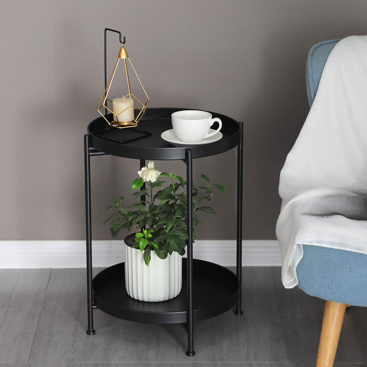 Tiita Round End Table Mental 2-Tier Side Table Nightstand/Small Iron Tables Accent Coffee Table for Living Room Bedroom Office Small Space
