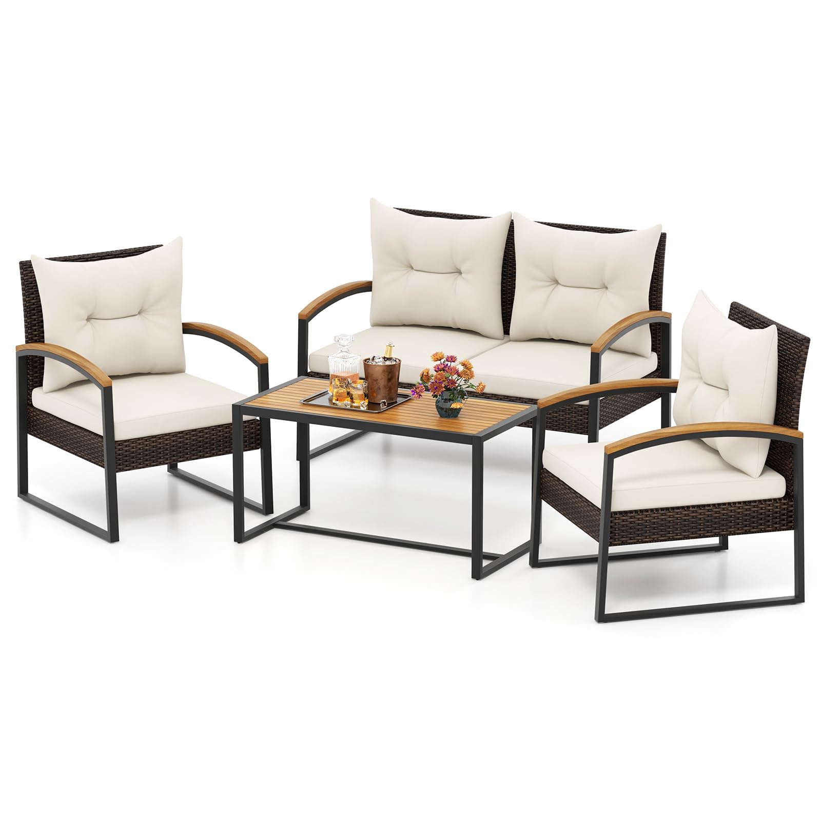 Tangkula 4 Piece Patio Conversation Set, with Heavy Duty Solid Acacia Wood Armrests