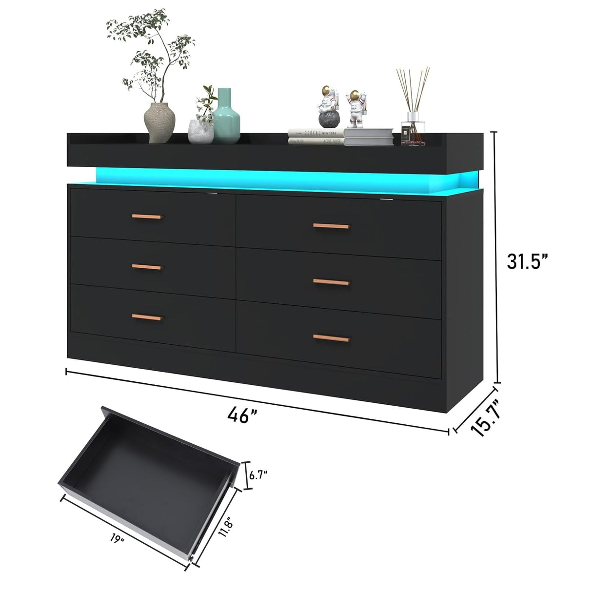 6 Drawer Dresser with LED Light, Modern Chest of Drawers