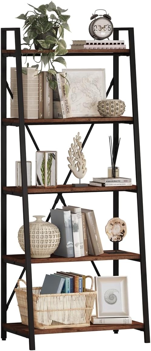 Ladder Shelf Bookcase, 5-Tier Industrial Ladder Bookshelf, Tall Living Room Shelves
