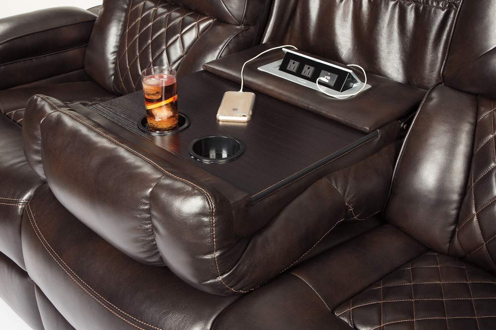 Warnerton Faux Leather Power Reclining Sofa with Adjustable Headrest, Brown