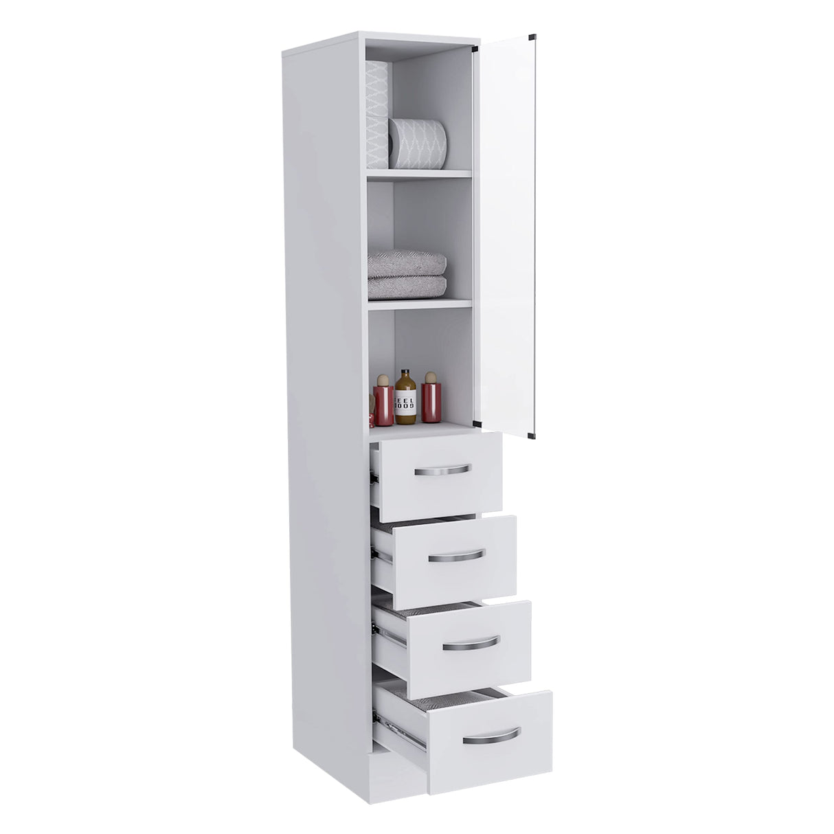 Magna Linen Cabinet with Three Shelves, Four Drawers, and Metal Handles