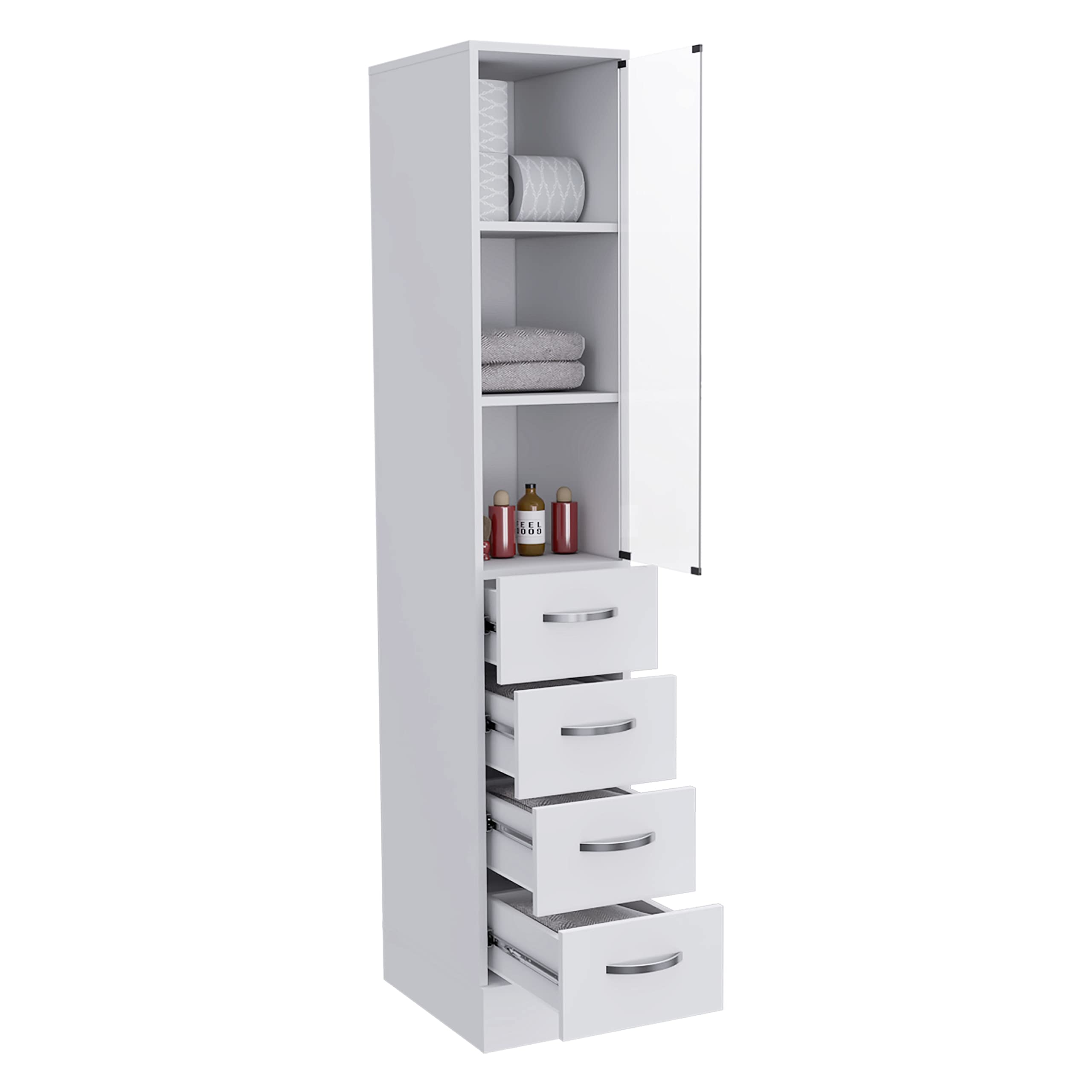 Magna Linen Cabinet with Three Shelves, Four Drawers, and Metal Handles