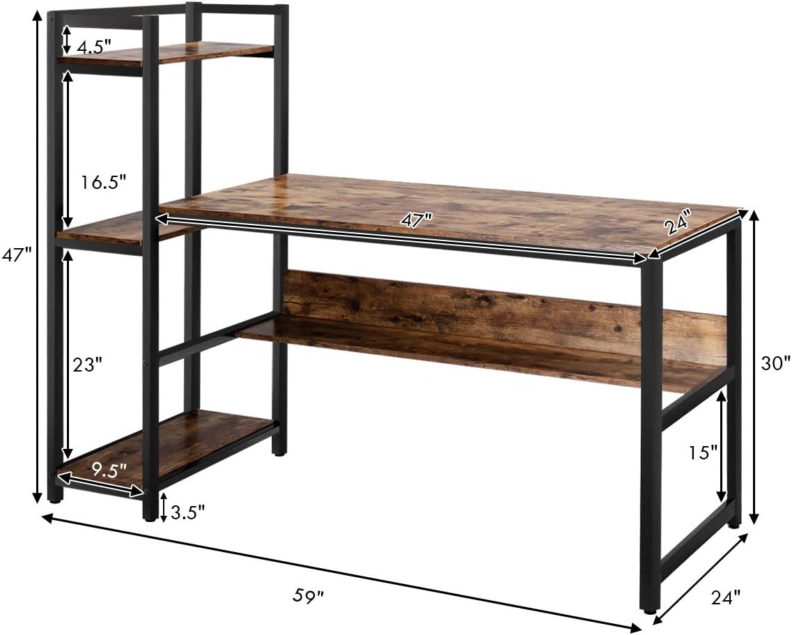 59-Inch Computer Desk with Bookshelf, Home Office Desk with Storage Bookshelf