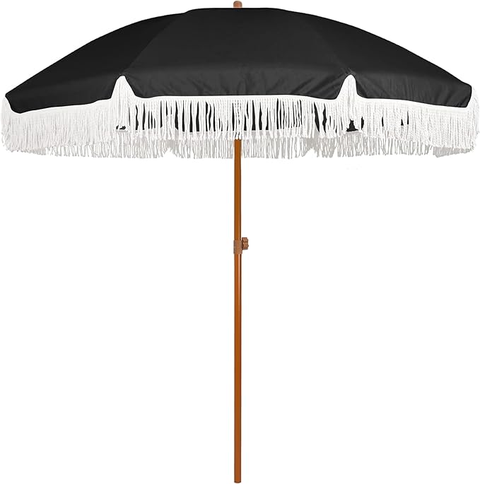 7ft Patio Umbrella with Fringe Outdoor Tassel Umbrella UPF50+ Premium Steel