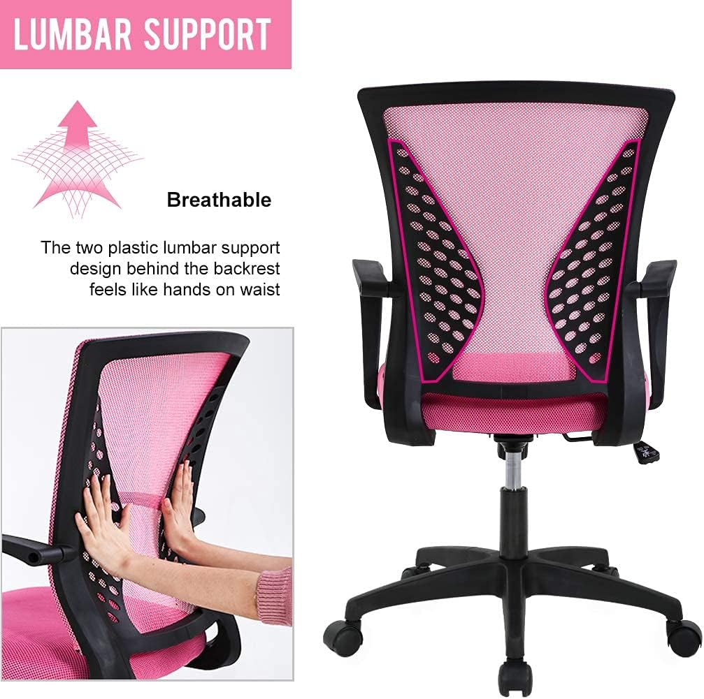 with Wheels and Arms Computer Chair Ergonomic Home Office Chairs Comfortable Swivel Chair Mesh Executive Rolling Chair with Back Support for Adults, Pink