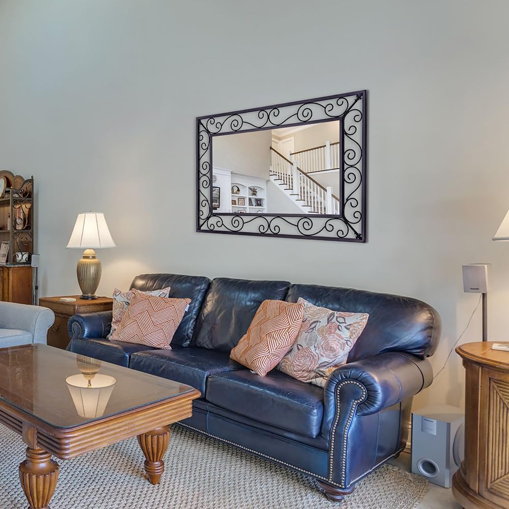 Black Metal Scroll Frame Wall Mirror 36x24 Inch