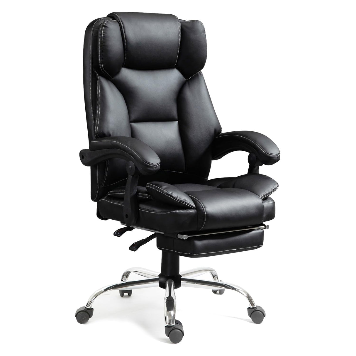 Chair with Footrest,Swivel Chair with Adjustable High Back & Thick Cushion & Strong Metal Base Quiet Wheels,PU Leather Desk Chair for Home Office - Black