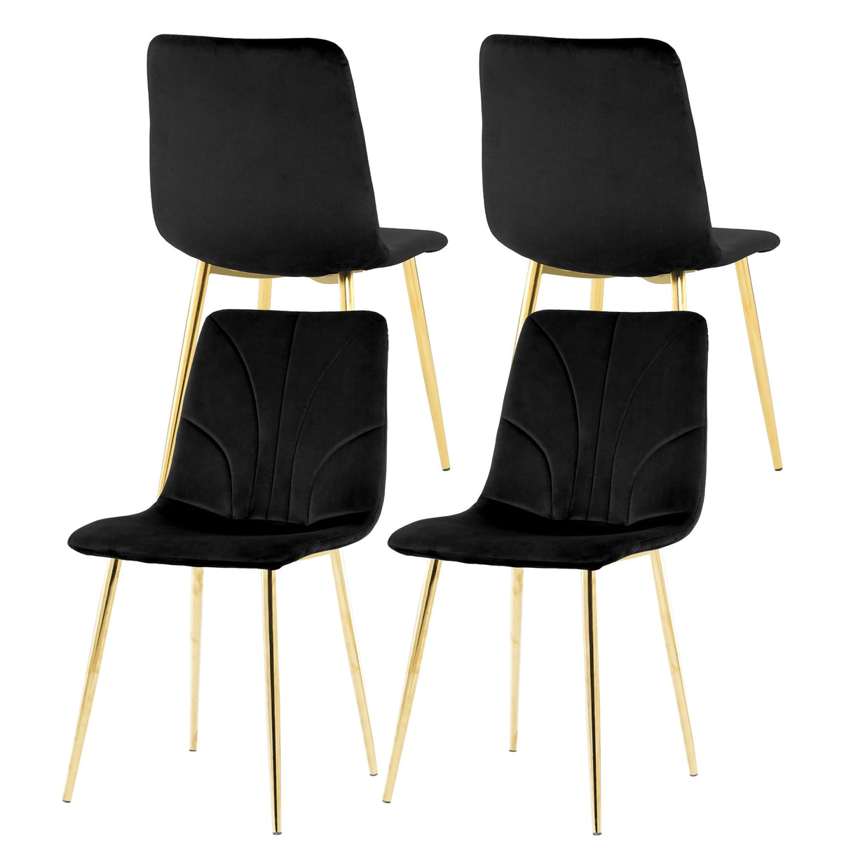 Mid Century Modern Dining Chairs Set of 4 - Black Velvet Upholstered with Metal Legs