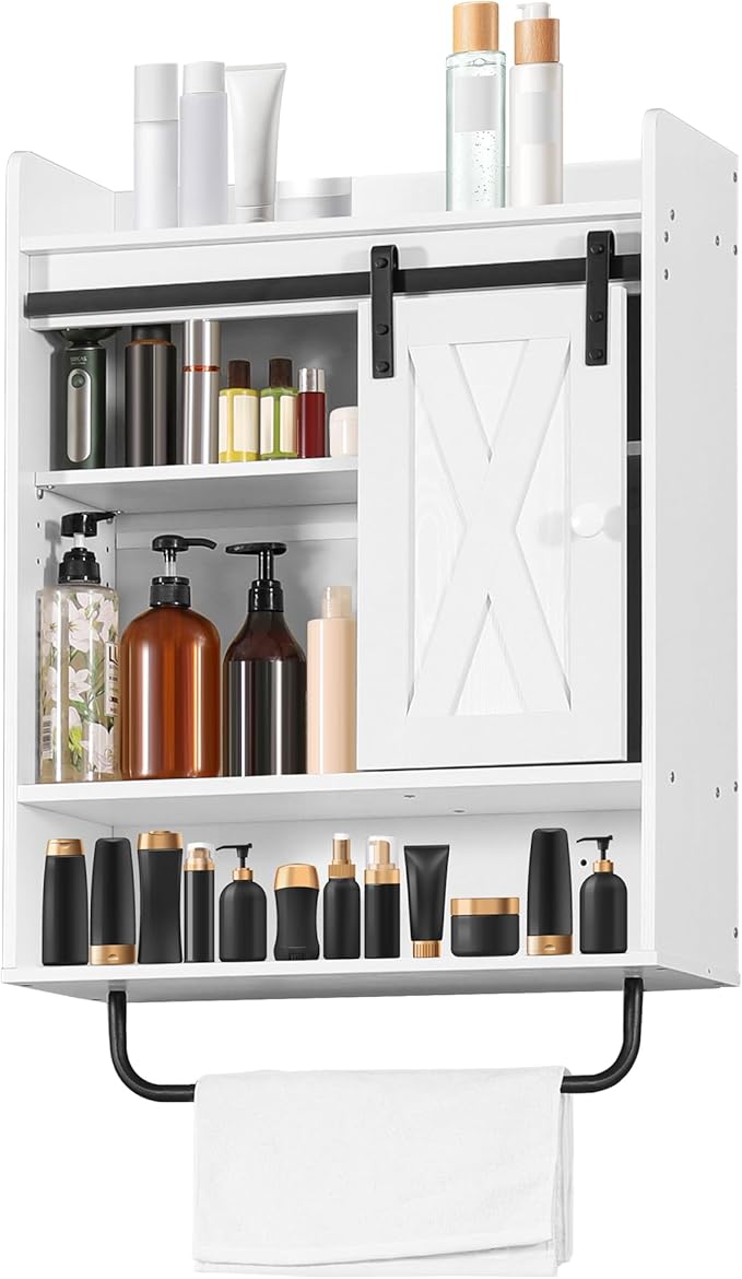 White Bathroom Cabinet with Towel Bar, Bathroom Medicine Cabinet with Sliding Barn