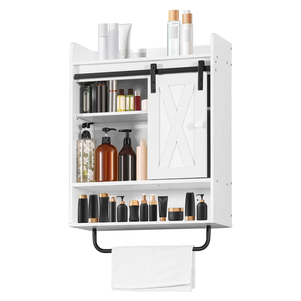 White Bathroom Cabinet with Towel Bar, Bathroom Medicine Cabinet with Sliding Barn