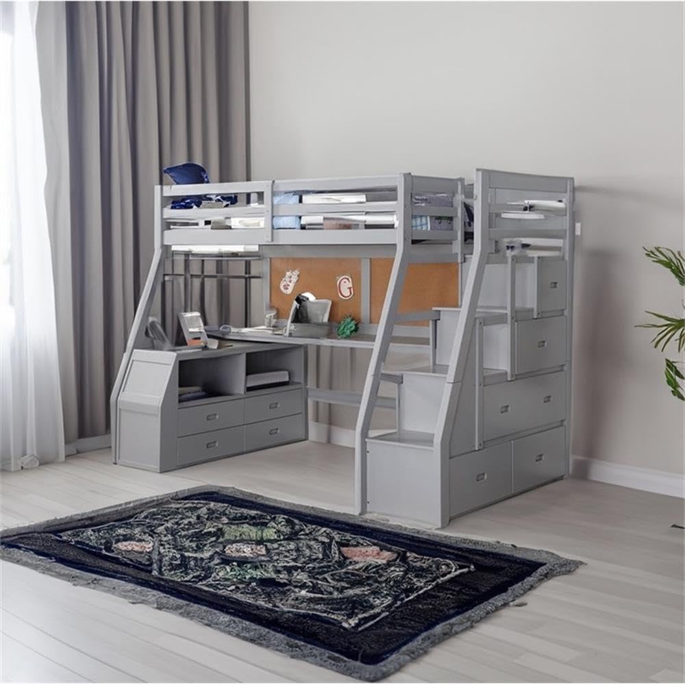 Modern Wood Twin Size Loft Bed with Storage in Gray