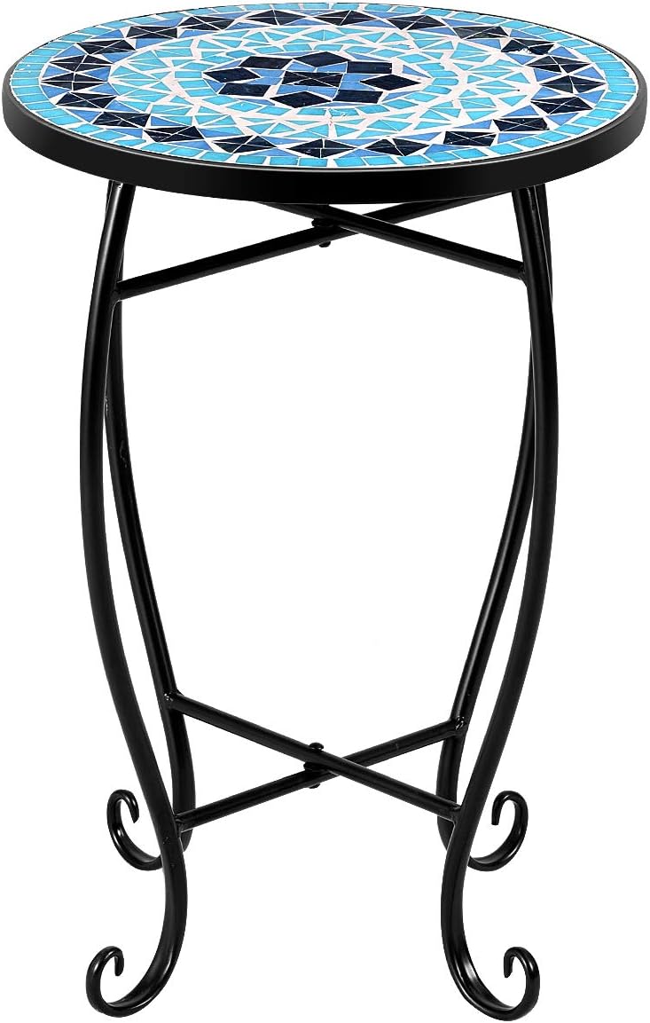 RELAX4LIFE Side Table Outdoor Mosaic Round 14 Inch W/Glass Table Top and Steel Frame for Patio, Lawn, Garden, Balcony and Home Decor Small End Table (Blue) - Bircata