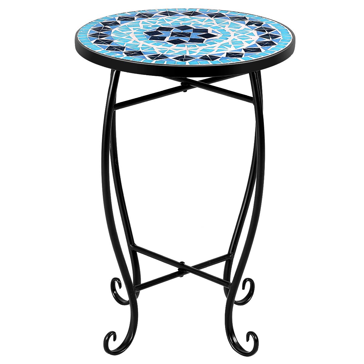 Side Table Outdoor Mosaic Round 14 Inch W/Glass Table Top and Steel Frame for Patio