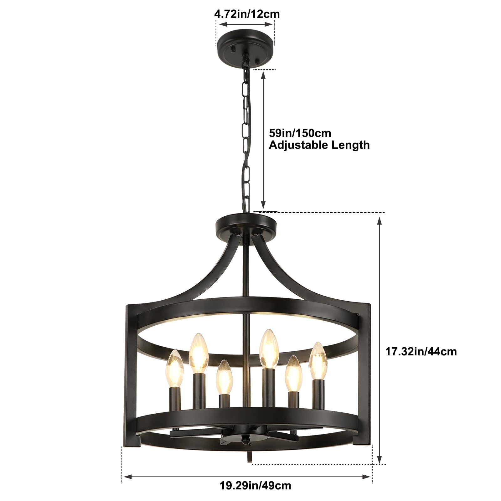 WBinDX 6-Light Black Chandelier, Modern Hanging Pendant Lighting, Convertible Semi Flush Mount Ceiling Light Fixture Rustic Vintage Farmhouse Chandeliers for Dining Room Kitchen Foyer Entryway