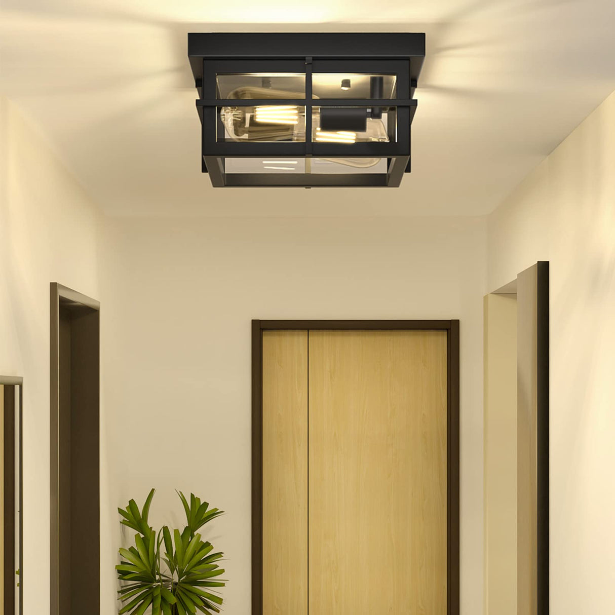Outdoor Ceiling Light Fixtures, 2-Light Black Flush Mount Light Fixtures with Clear Glass S