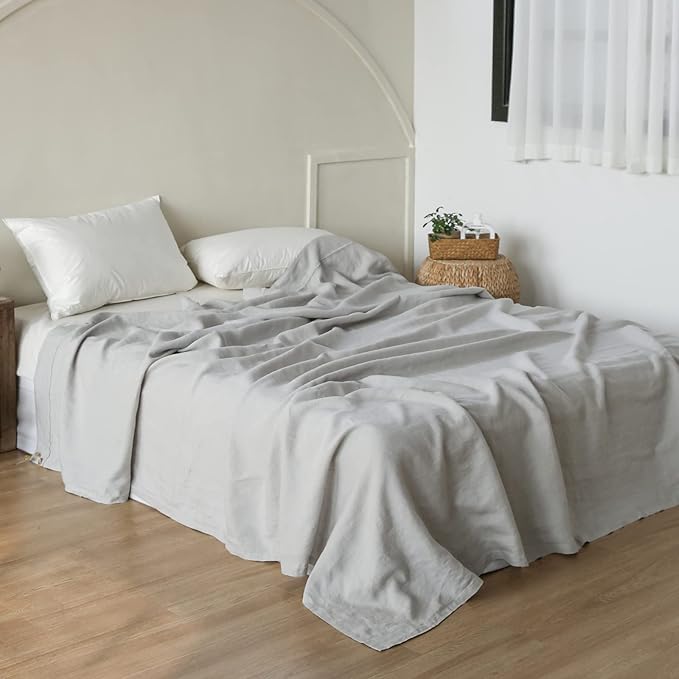 French Linen Flat Sheet with Embroidered Border-100% Stone Washed Flax Bedding,