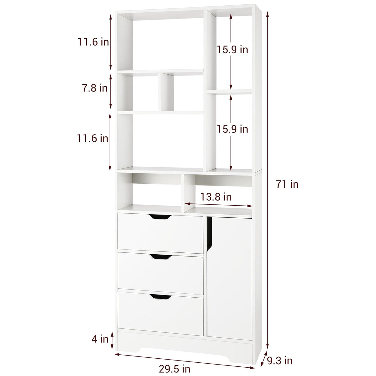 Stylish White Bookshelf, 71" Tall Bookshelf with Doors and 3 Drawers