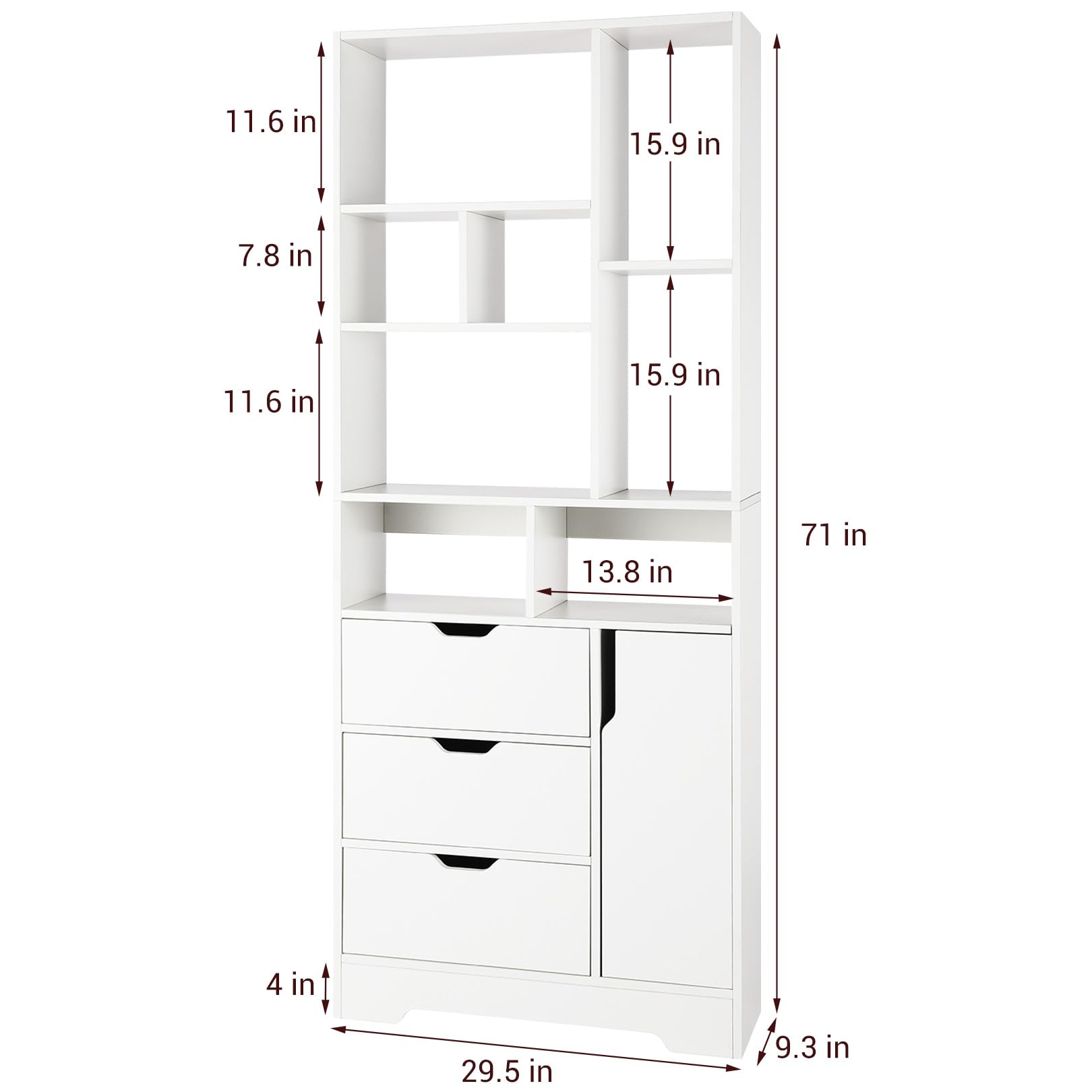 Stylish White Bookshelf, 71" Tall Bookshelf with Doors and 3 Drawers