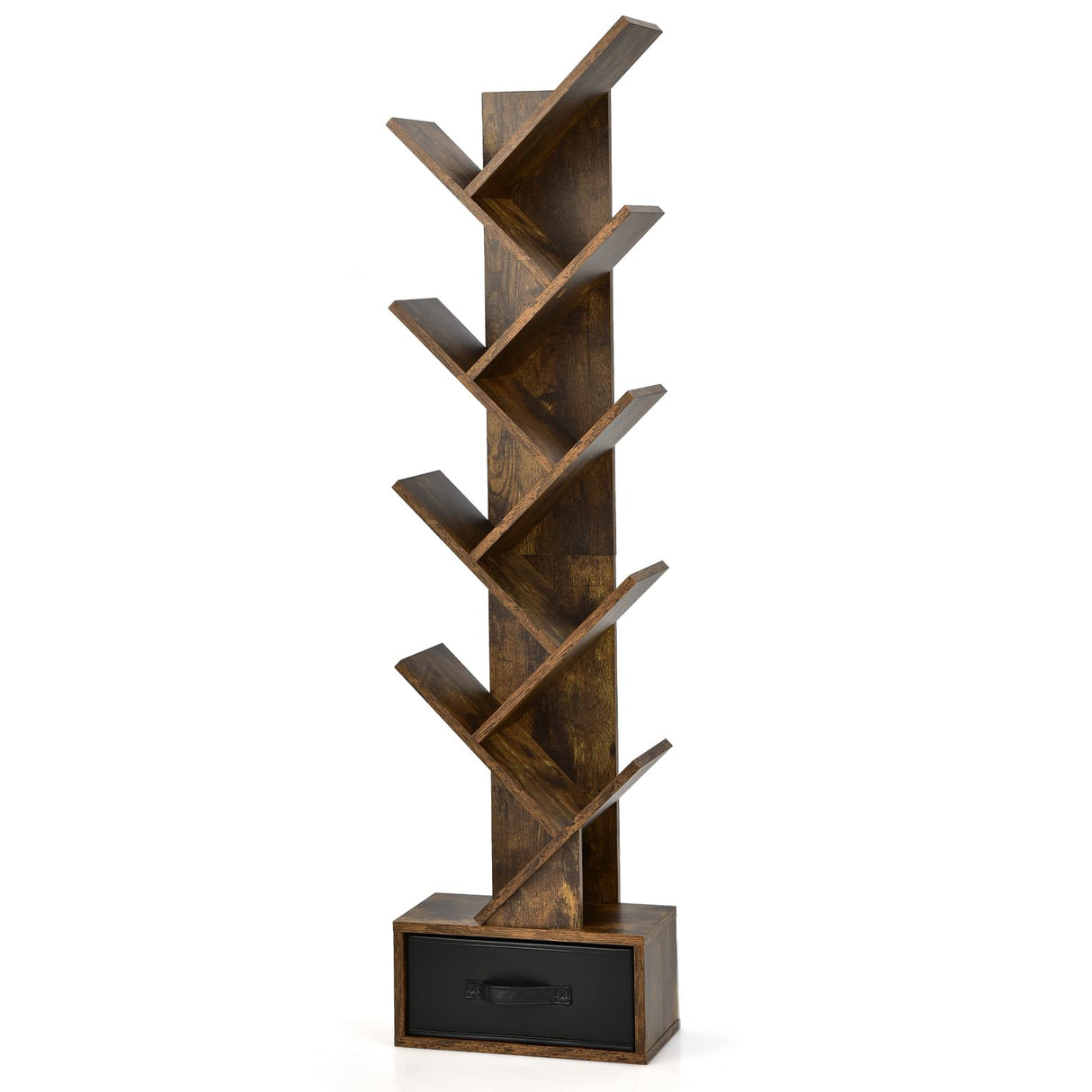 Tree Bookshelf with Drawer, 10 Shelf Space Saving Rustic Brown Wooden Bookcase